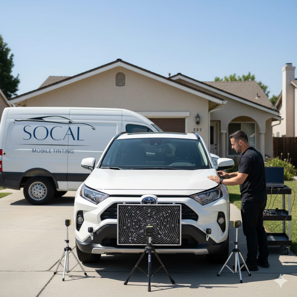 SoCal Mobile Tinting technician running an ADAS calibration with target boards set up in front of an SUV