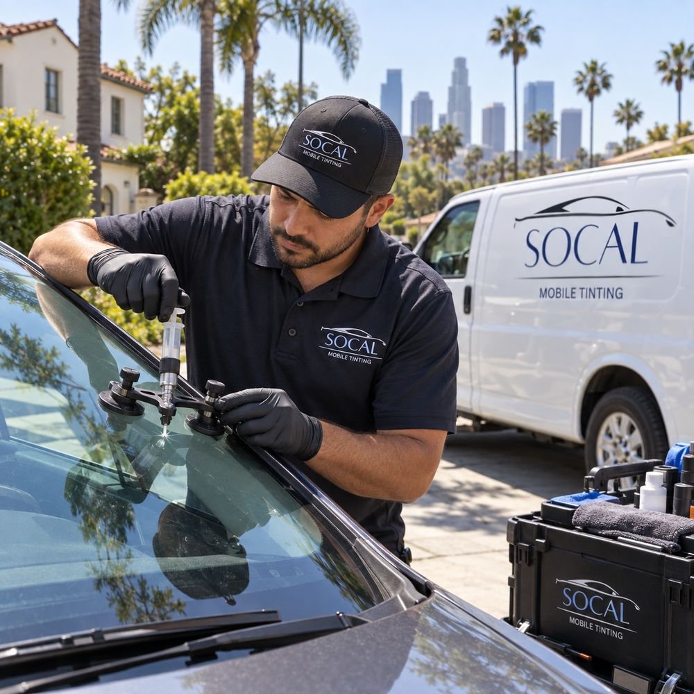 SoCal Mobile Tinting technician repairing a windshield in a driveway with the service van and tool cart alongside